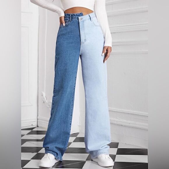SHEIN Denim - Trendy Shein High Waist Two-Tone Wide Leg Jeans